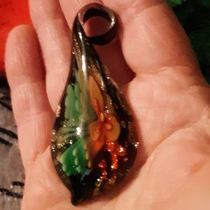 Gorgeous Murano Glass Pendant Black Floral Leaves Gold Foil No Chain